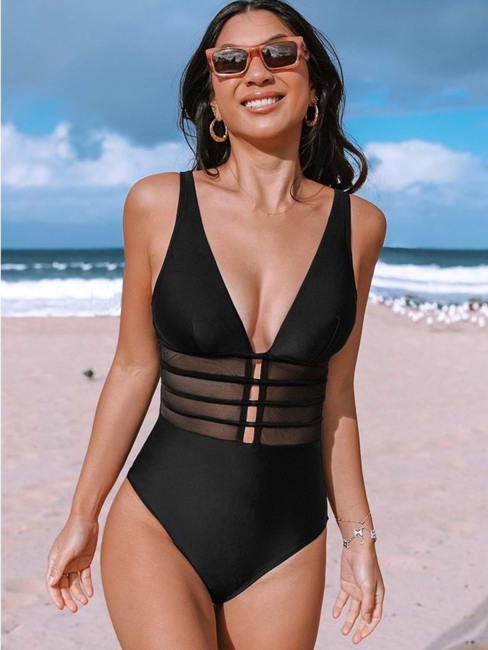 Cupshe Black Mesh-Panel Deep V One-Piece Swimsuit